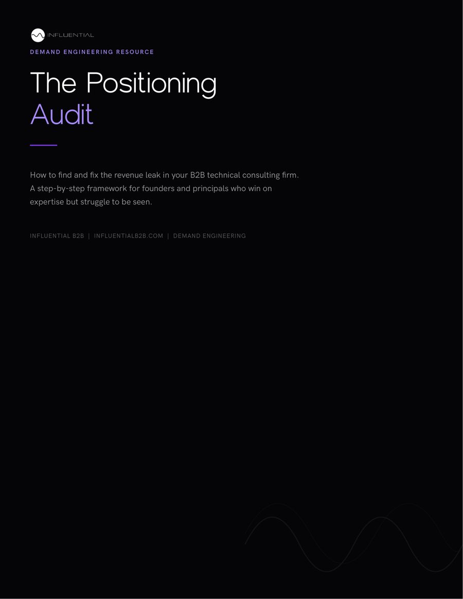 Cover of The Positioning Audit: black page, Influential wave mark, violet accent on the word Audit, and a faint waveform at the foot.