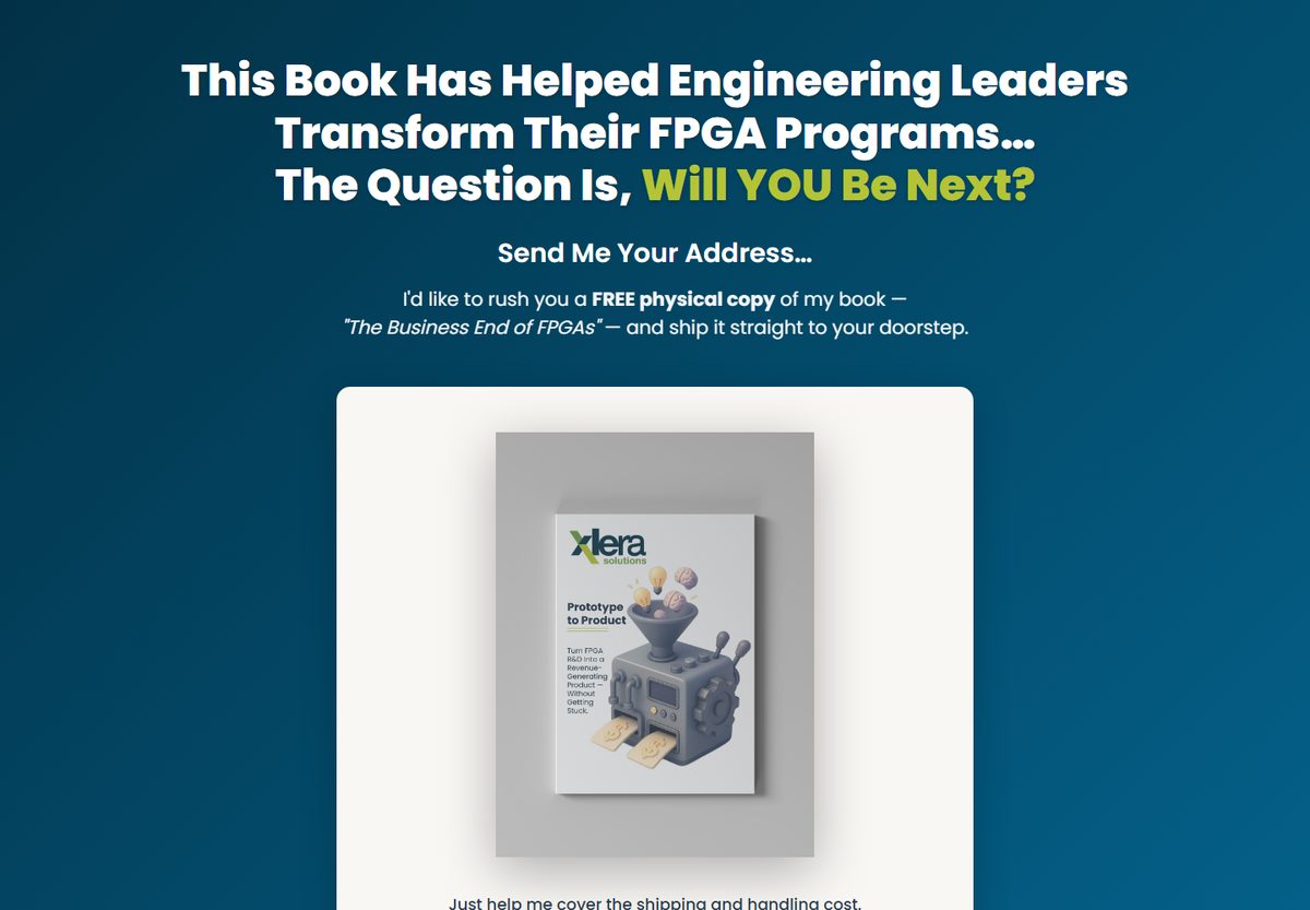 Xlera book offer page: deep navy background, white headline, and a rendered copy of the book The Business End of FPGAs on a light card.