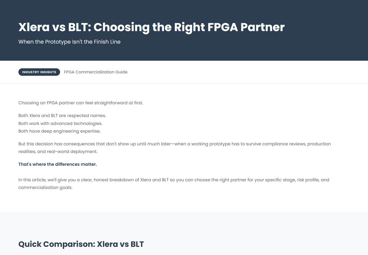 Xlera vs BLT comparison page: navy masthead, an Industry Insights pill, and opening body copy above a quick comparison section.
