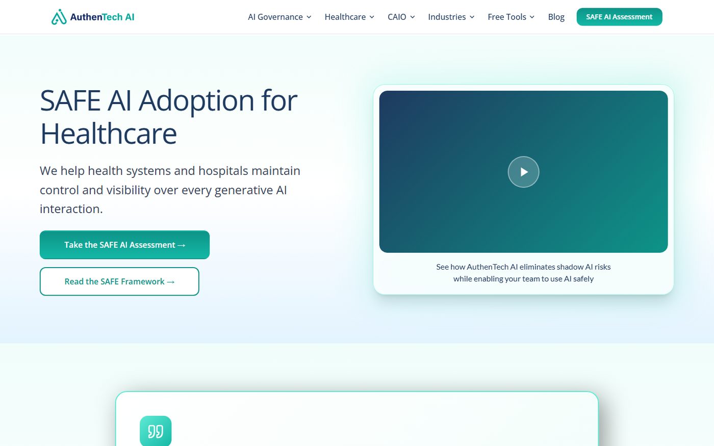 AuthenTech AI homepage: white layout with teal headline reading SAFE AI Adoption for Healthcare, teal buttons and a navy-to-teal gradient video card.