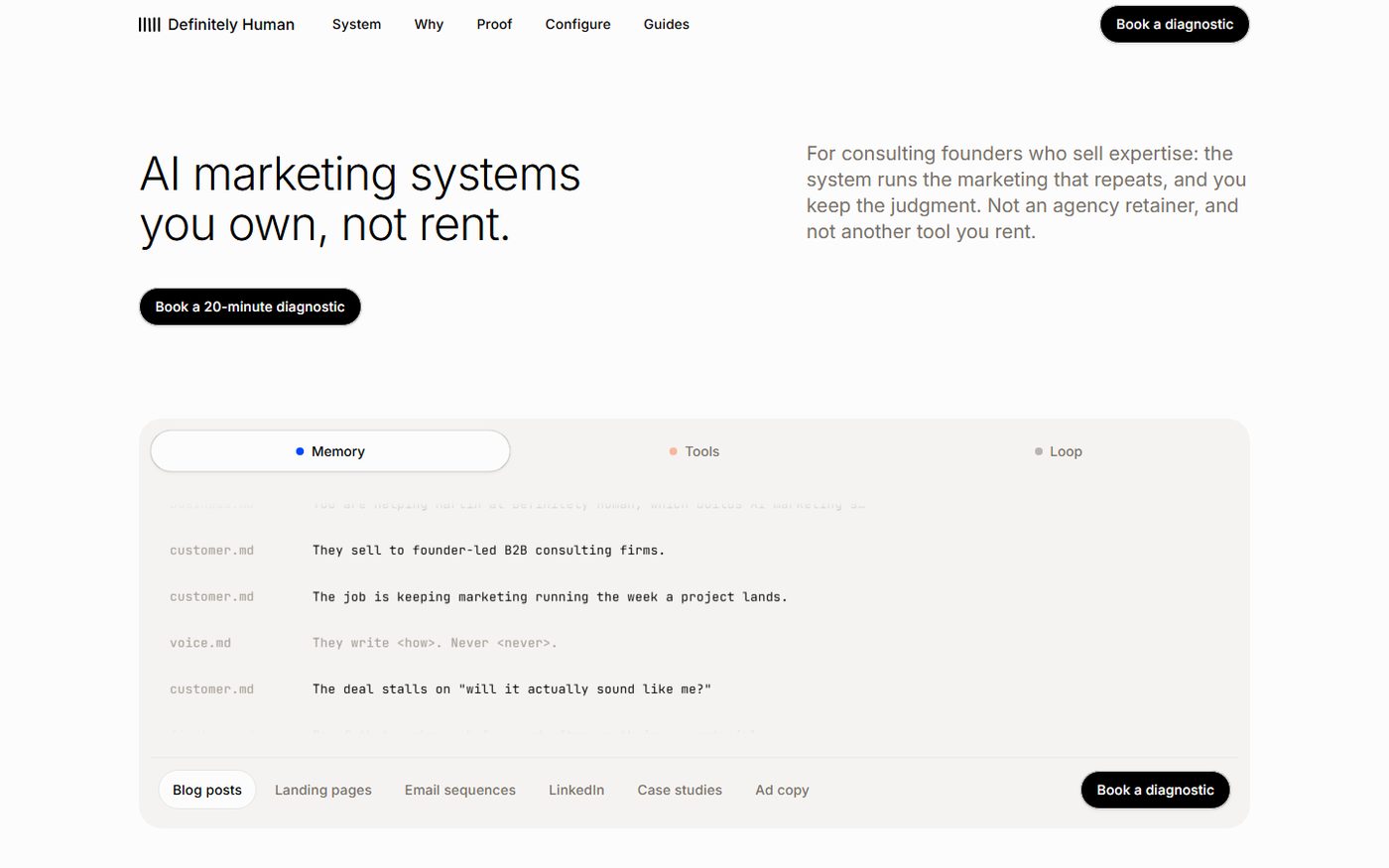 Definitely Human homepage: cream editorial layout, light-weight headline reading AI marketing systems you own, not rent, above a product panel showing a workspace file tree.