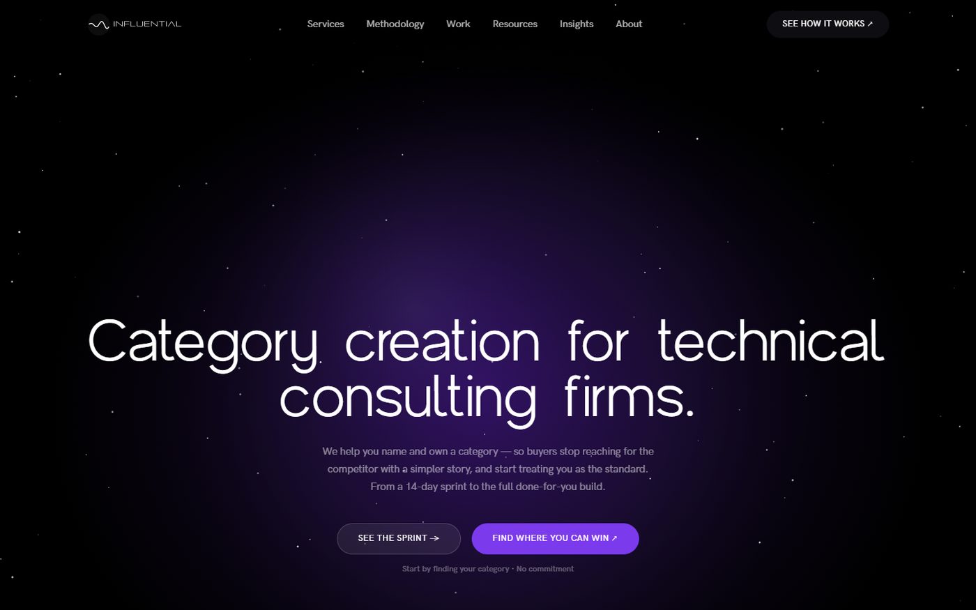 Influential B2B homepage: near-black starfield hero with a wide light headline reading Category creation for technical consulting firms and a violet call-to-action button.