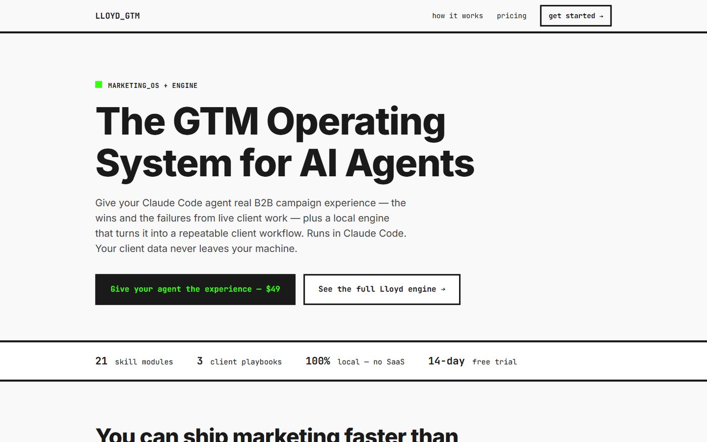 Lloyd GTM homepage: large black headline reading The GTM Operating System for AI Agents, with monospace navigation and an amber marker.