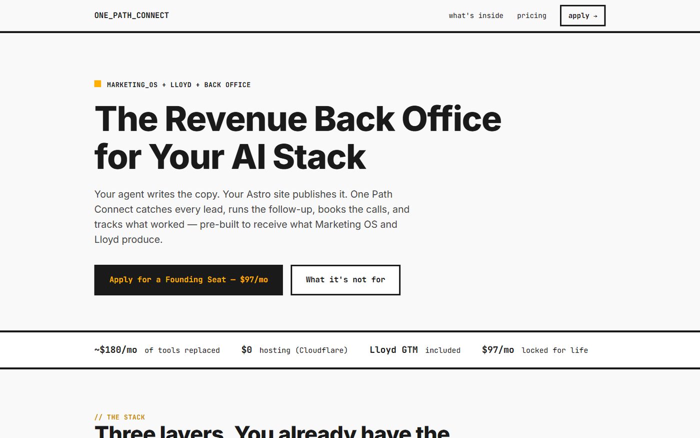 One Path Connect homepage: heavy black headline reading The Revenue Back Office for Your AI Stack on near-white, with an amber accent square and monospace navigation.
