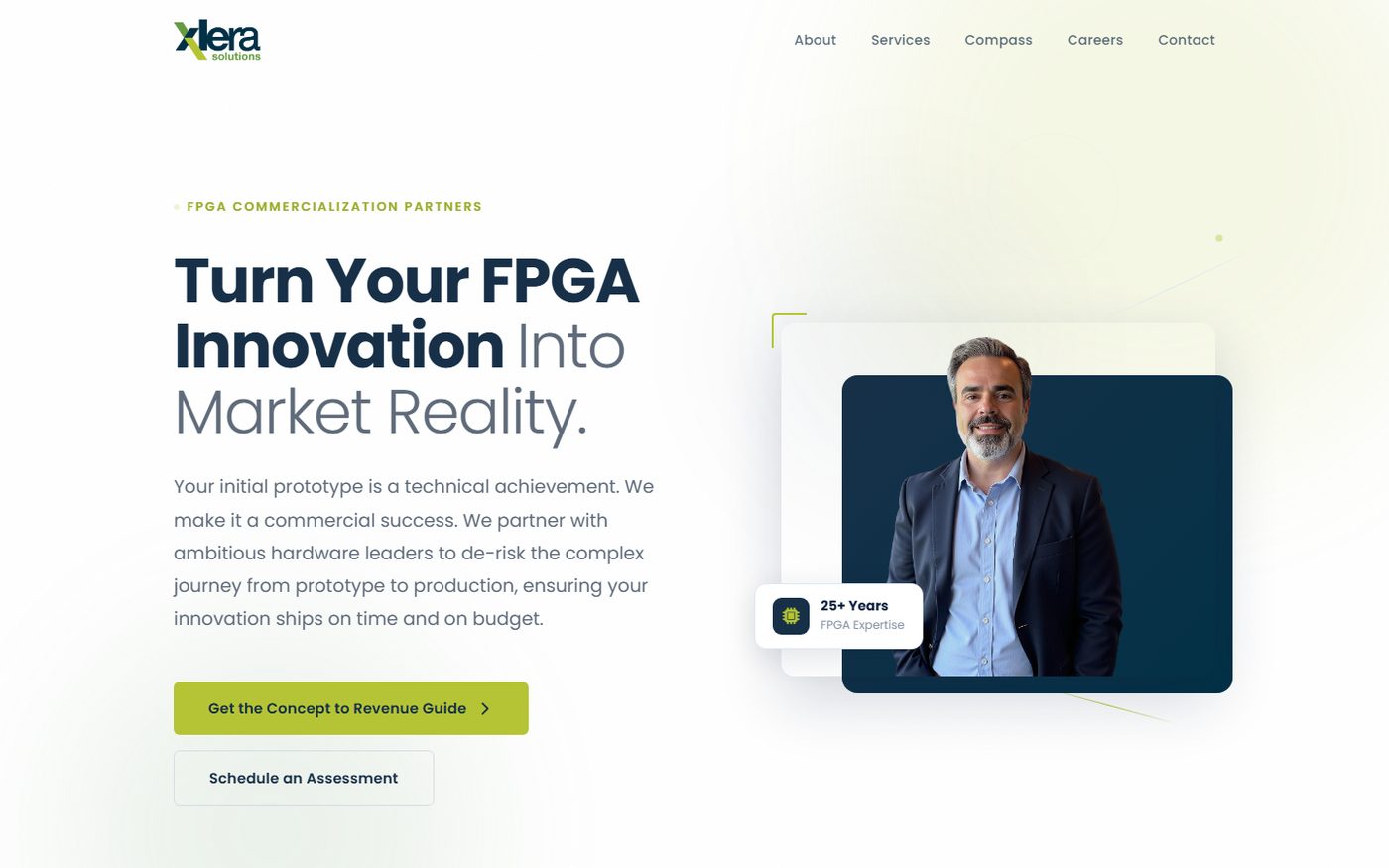 Xlera Solutions homepage: navy headline reading Turn Your FPGA Innovation Into Market Reality beside a portrait card of the founder and a 25+ years expertise badge.